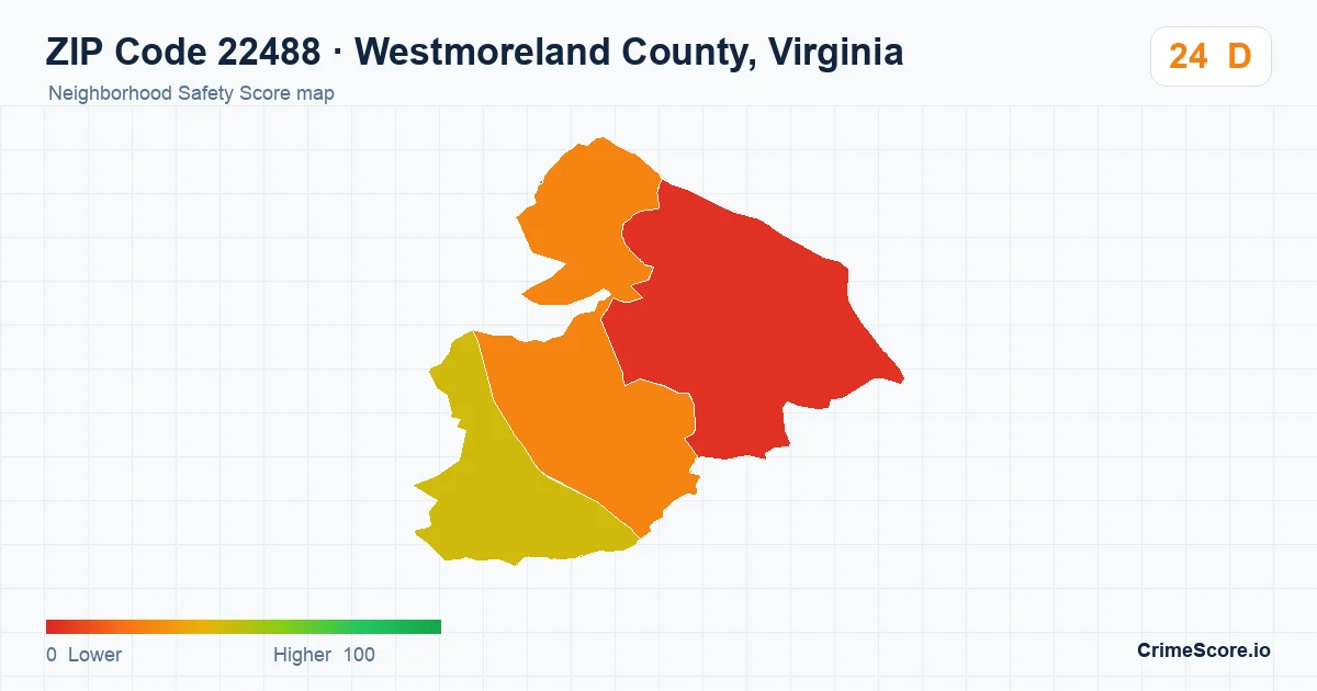 ZIP Code 22488 in Westmoreland County, Virginia neighborhood Safety Score map