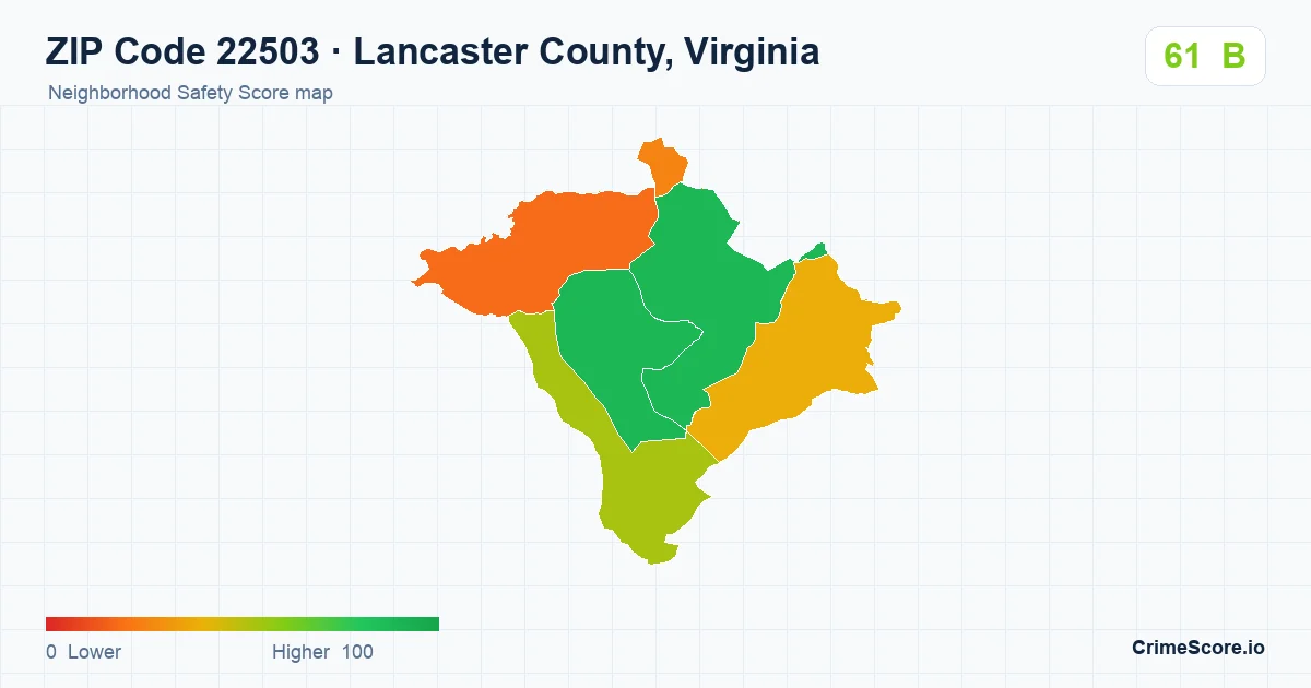 ZIP Code 22503 in Lancaster County, Virginia neighborhood Safety Score map