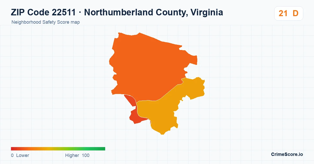 ZIP Code 22511 in Northumberland County, Virginia neighborhood Safety Score map