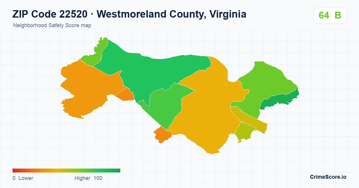 ZIP Code 22520 in Westmoreland County, Virginia neighborhood Safety Score map