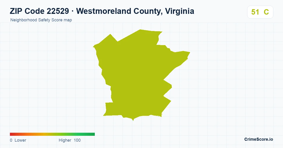 ZIP Code 22529 in Westmoreland County, Virginia neighborhood Safety Score map