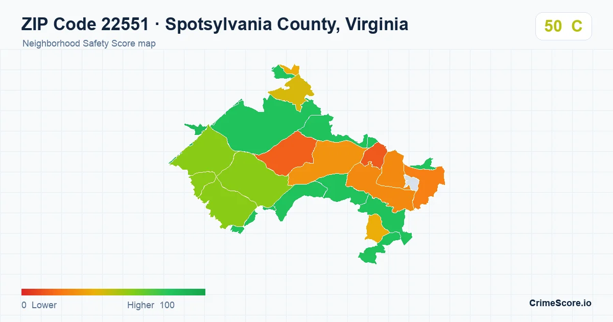 ZIP Code 22551 in Spotsylvania County, Virginia neighborhood Safety Score map