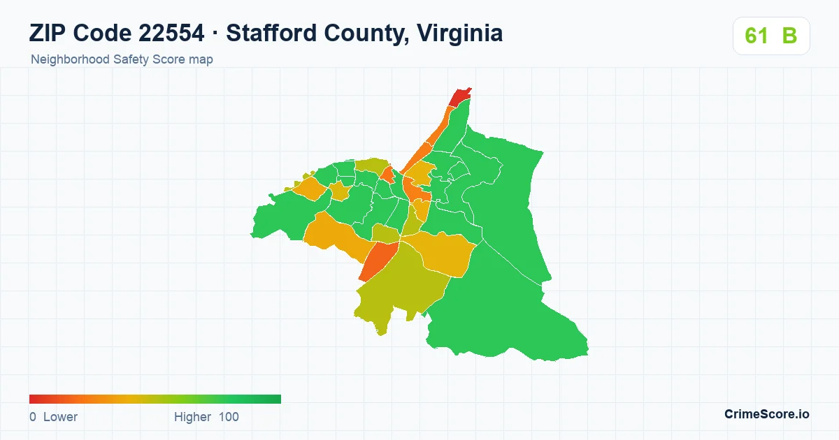 ZIP Code 22554 in Stafford County, Virginia neighborhood Safety Score map