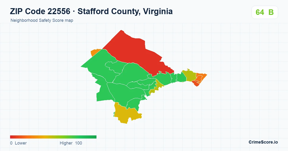 ZIP Code 22556 in Stafford County, Virginia neighborhood Safety Score map