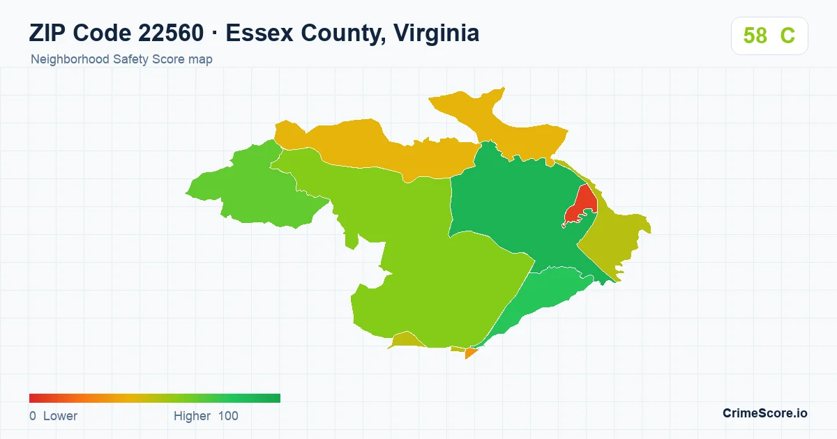 ZIP Code 22560 in Essex County, Virginia neighborhood Safety Score map