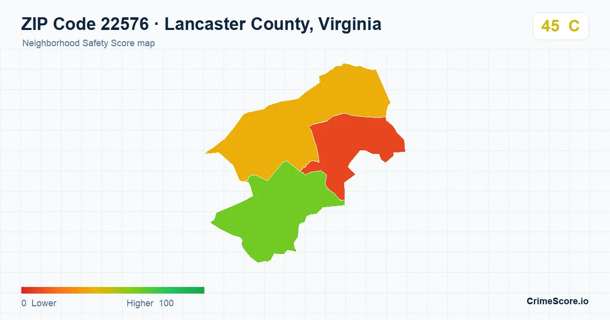ZIP Code 22576 in Lancaster County, Virginia neighborhood Safety Score map