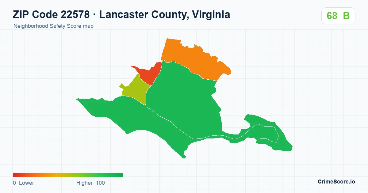 ZIP Code 22578 in Lancaster County, Virginia neighborhood Safety Score map