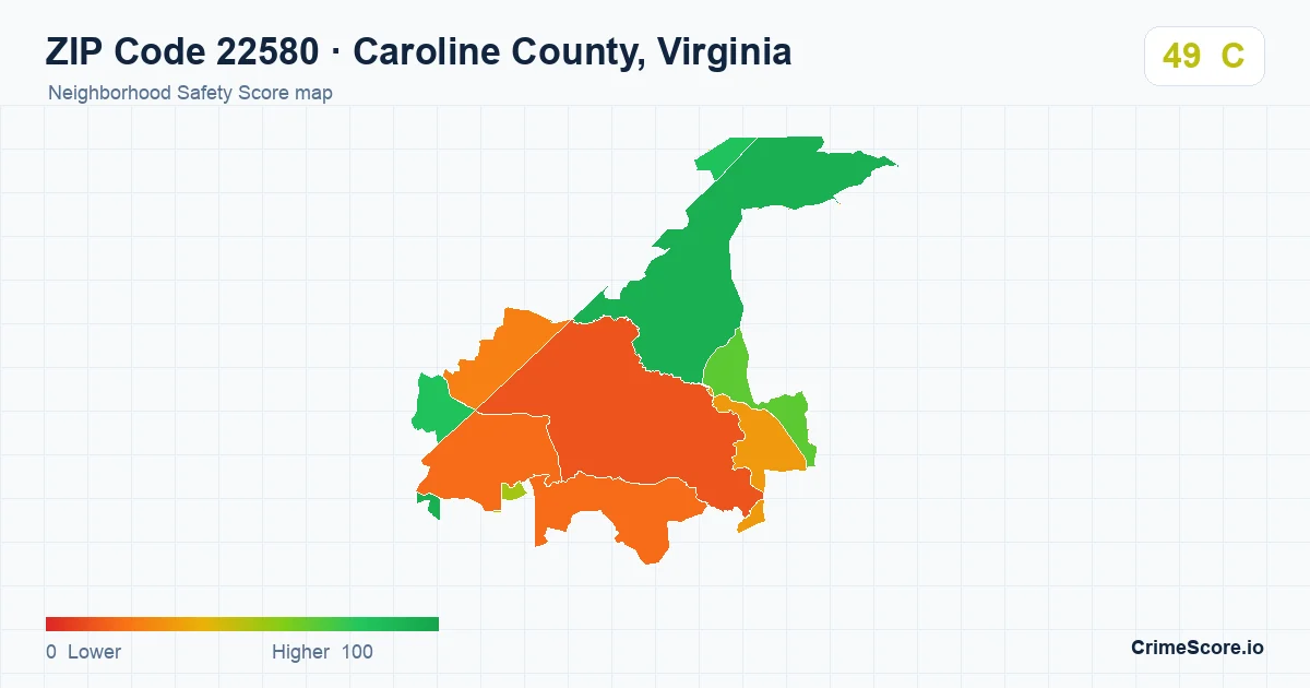 ZIP Code 22580 in Caroline County, Virginia neighborhood Safety Score map