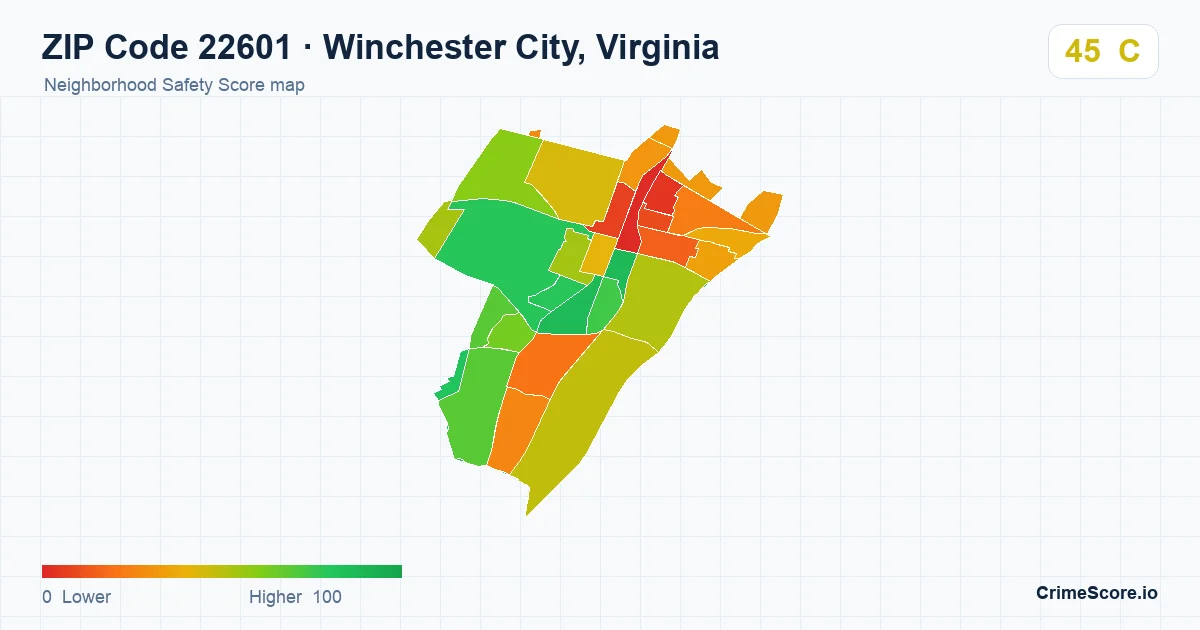 ZIP Code 22601 in Winchester City, Virginia neighborhood Safety Score map