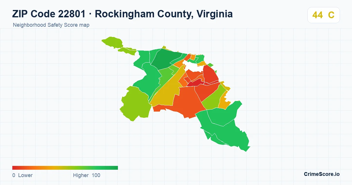 ZIP Code 22801 in Rockingham County, Virginia neighborhood Safety Score map
