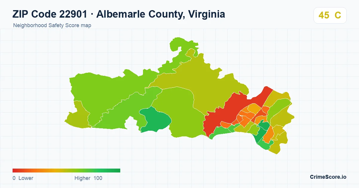 ZIP Code 22901 in Albemarle County, Virginia neighborhood Safety Score map
