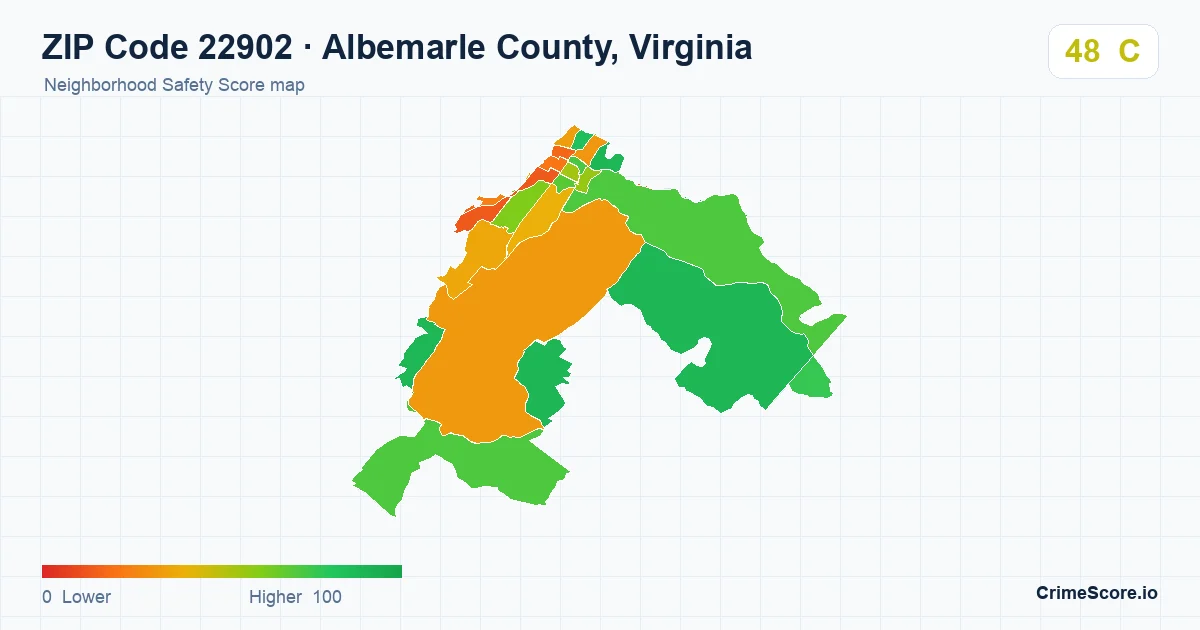 ZIP Code 22902 in Albemarle County, Virginia neighborhood Safety Score map