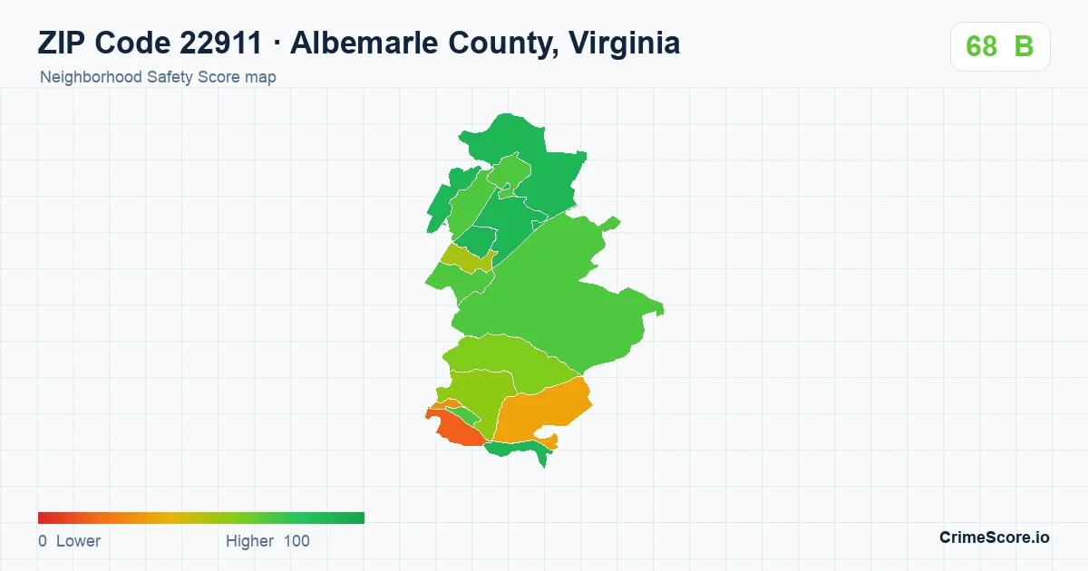 ZIP Code 22911 in Albemarle County, Virginia neighborhood Safety Score map