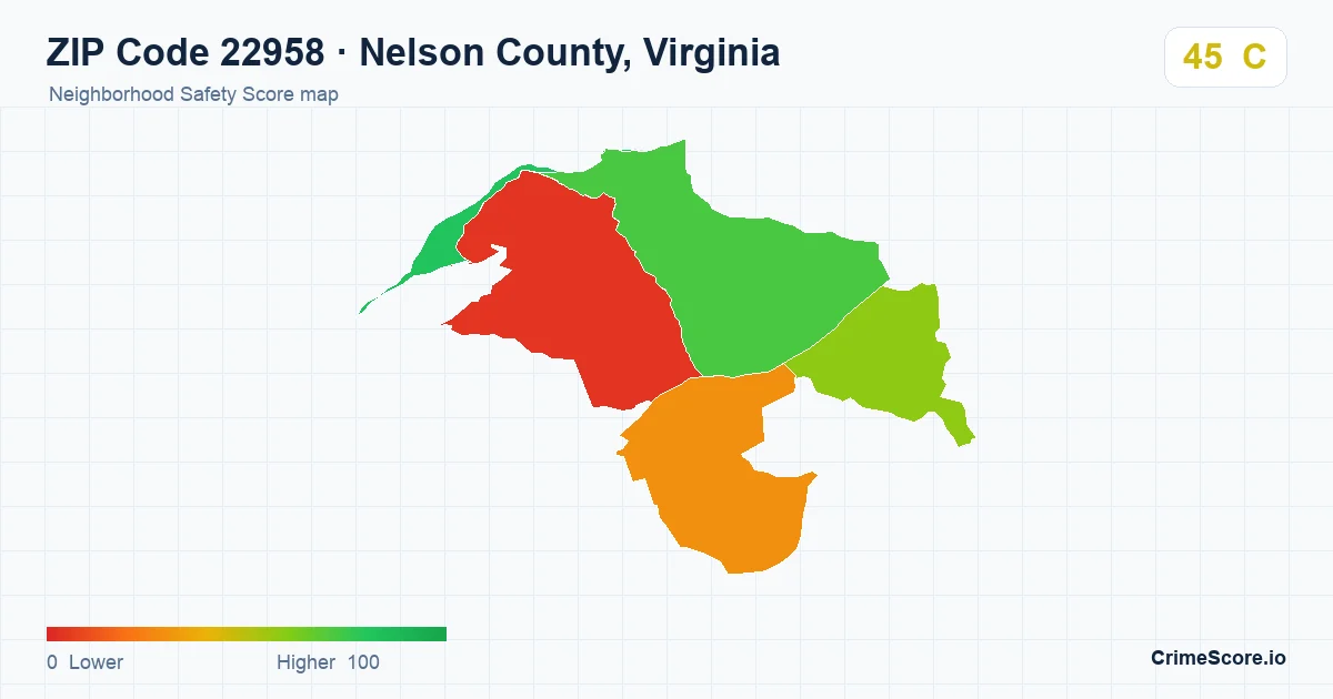 ZIP Code 22958 in Nelson County, Virginia neighborhood Safety Score map