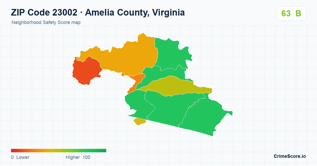 ZIP Code 23002 in Amelia County, Virginia neighborhood Safety Score map