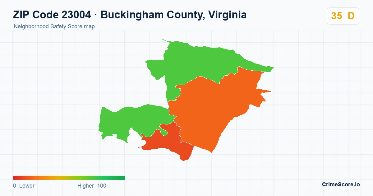ZIP Code 23004 in Buckingham County, Virginia neighborhood Safety Score map