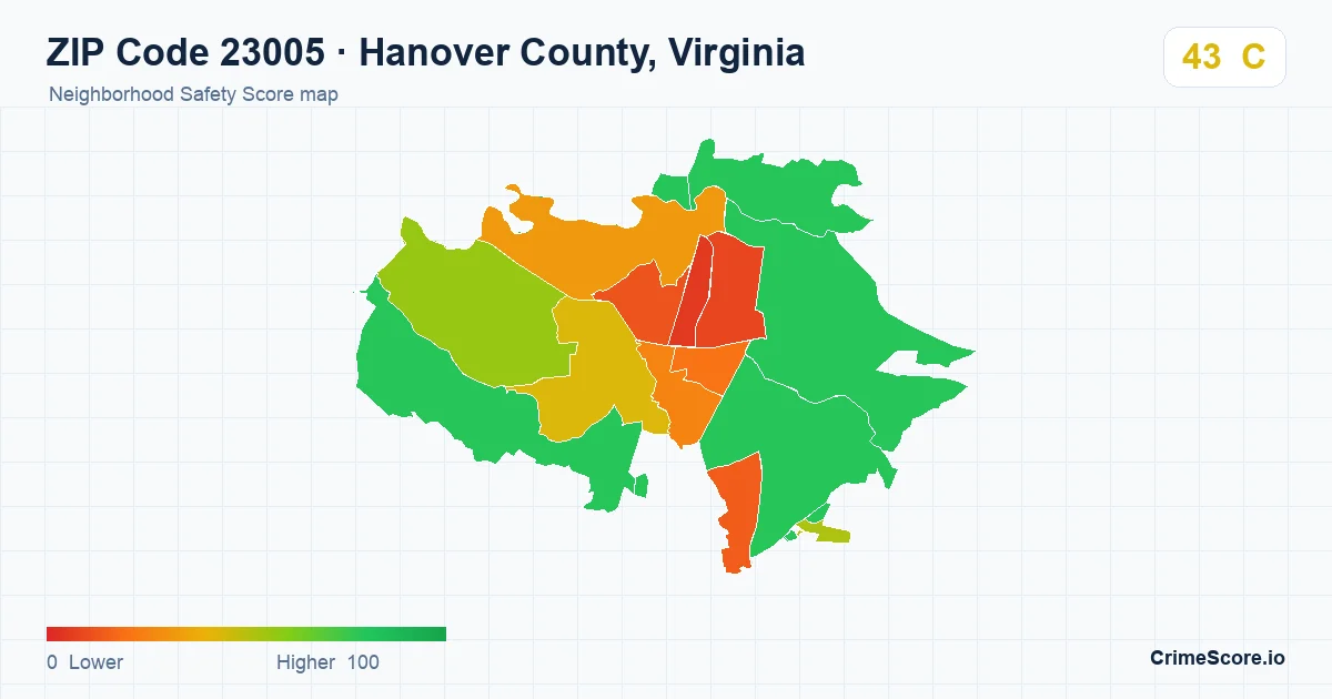 ZIP Code 23005 in Hanover County, Virginia neighborhood Safety Score map