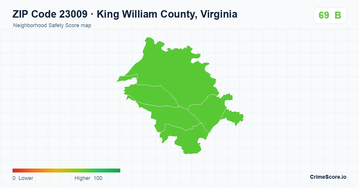 ZIP Code 23009 in King William County, Virginia neighborhood Safety Score map