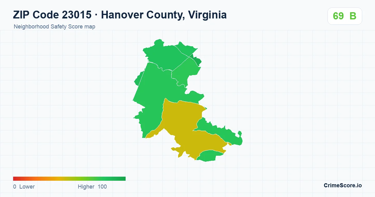 ZIP Code 23015 in Hanover County, Virginia neighborhood Safety Score map