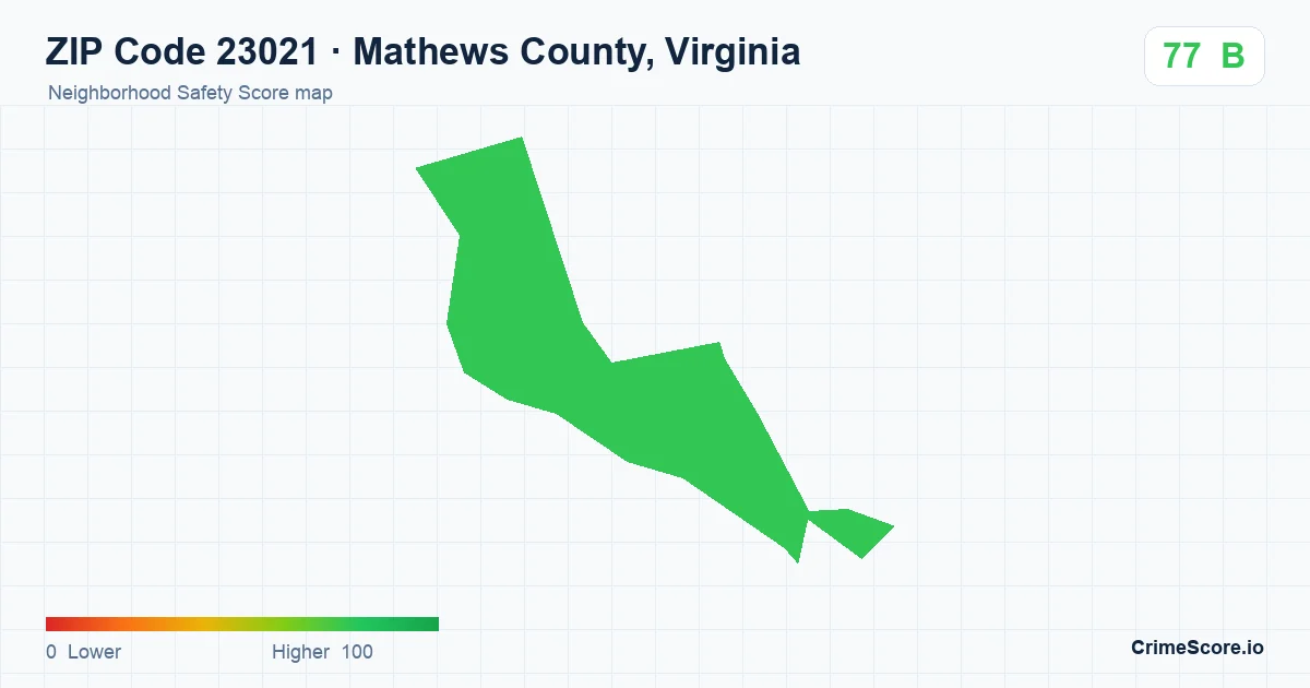 ZIP Code 23021 in Mathews County, Virginia neighborhood Safety Score map