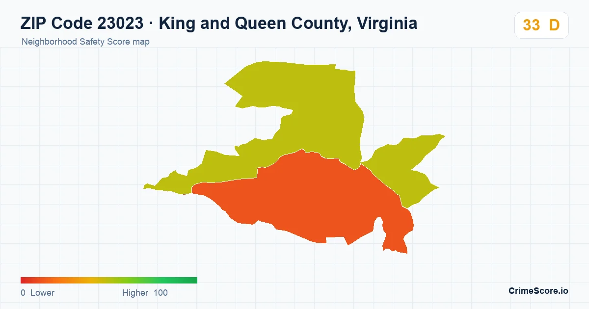 ZIP Code 23023 in King and Queen County, Virginia neighborhood Safety Score map
