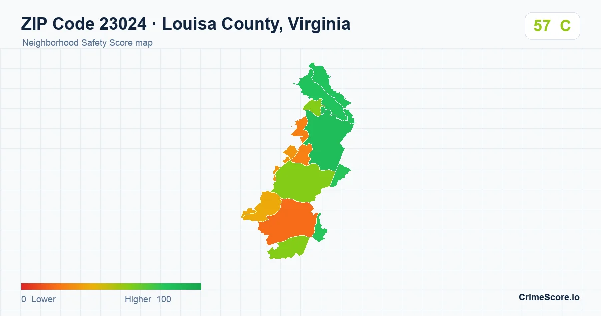 ZIP Code 23024 in Louisa County, Virginia neighborhood Safety Score map