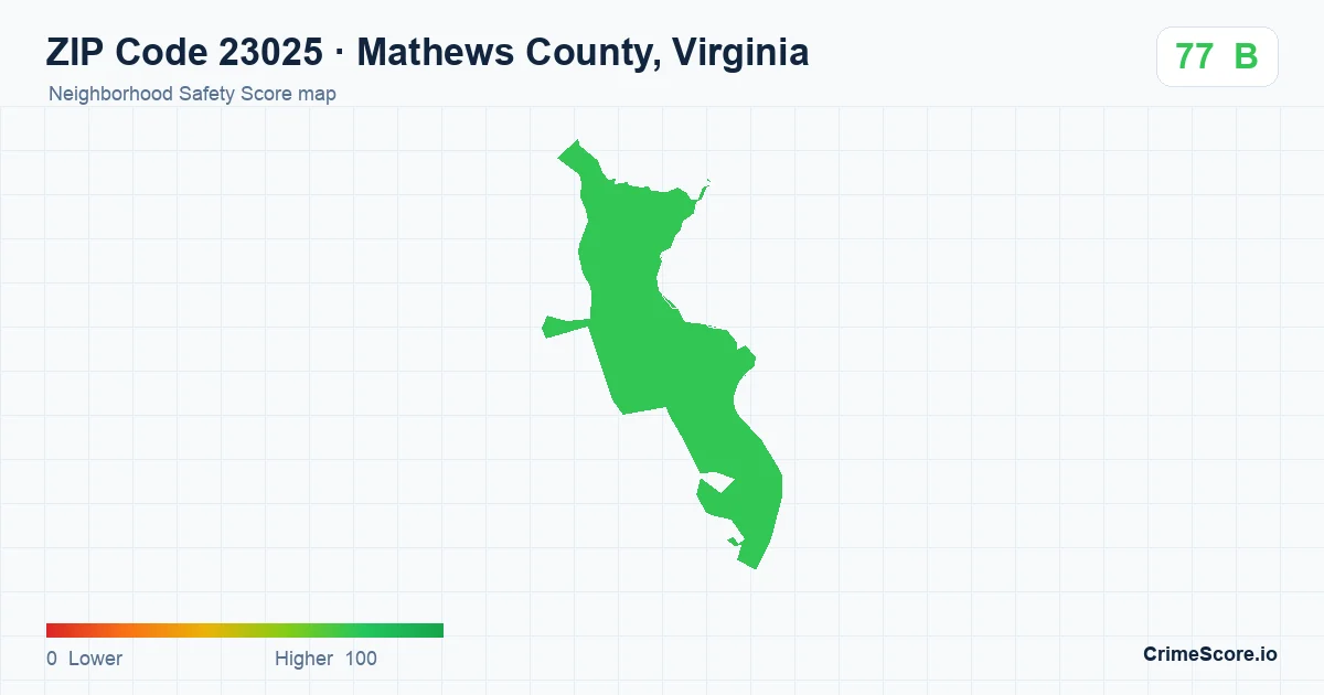 ZIP Code 23025 in Mathews County, Virginia neighborhood Safety Score map