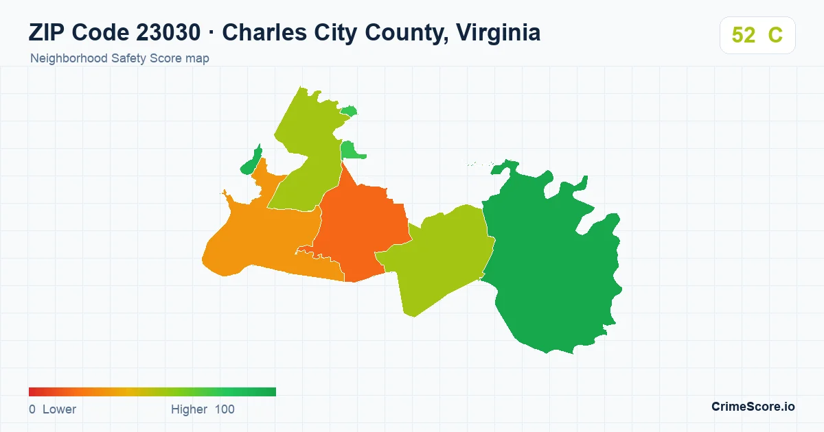 ZIP Code 23030 in Charles City County, Virginia neighborhood Safety Score map