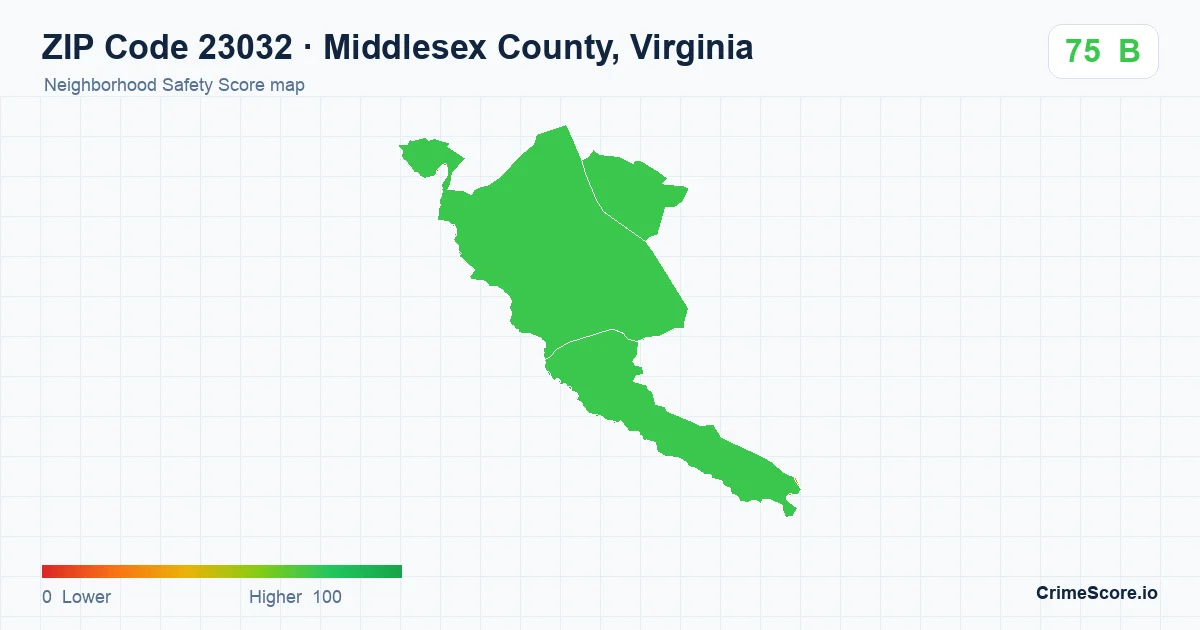 ZIP Code 23032 in Middlesex County, Virginia neighborhood Safety Score map