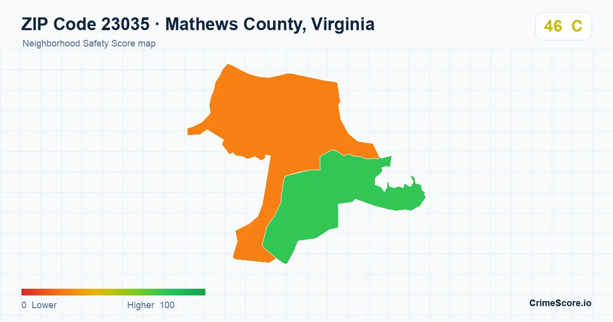 ZIP Code 23035 in Mathews County, Virginia neighborhood Safety Score map