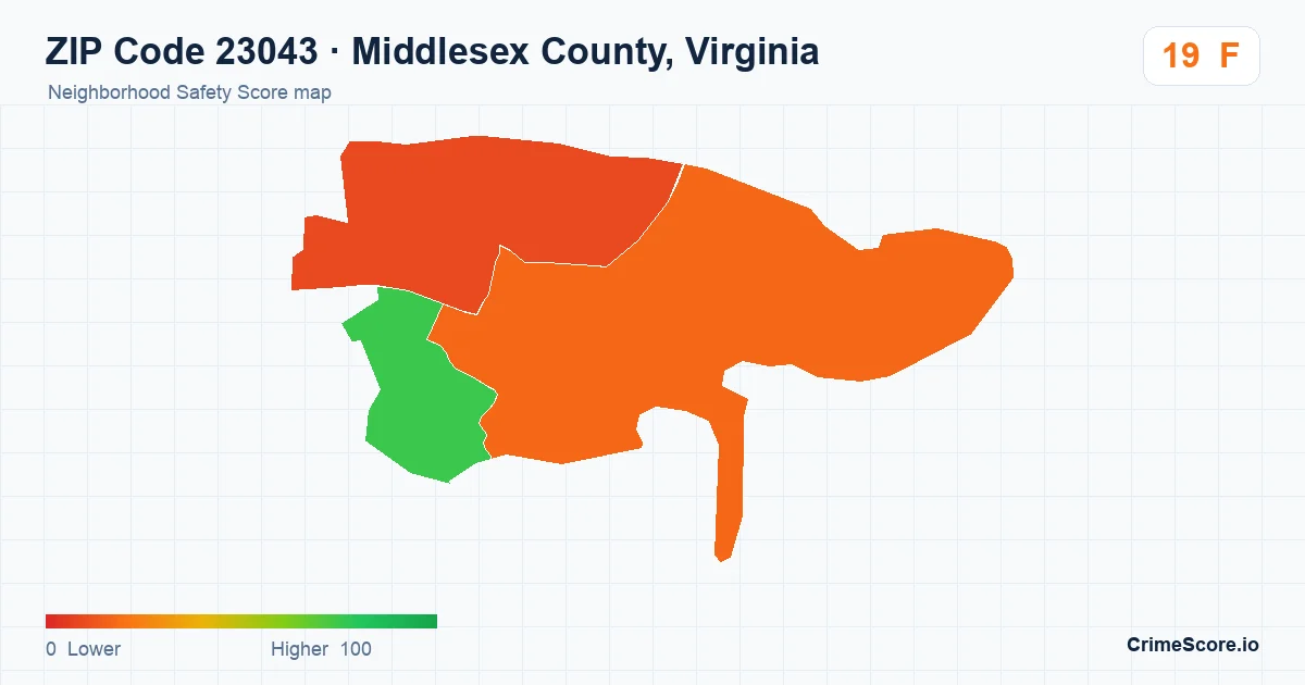 ZIP Code 23043 in Middlesex County, Virginia neighborhood Safety Score map