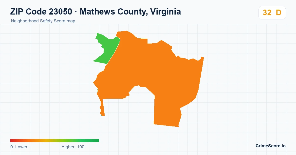 ZIP Code 23050 in Mathews County, Virginia neighborhood Safety Score map