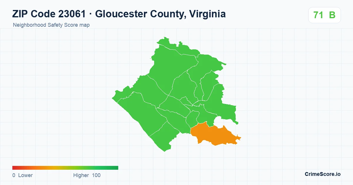 ZIP Code 23061 in Gloucester County, Virginia neighborhood Safety Score map