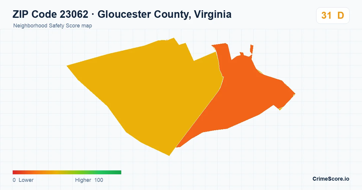 ZIP Code 23062 in Gloucester County, Virginia neighborhood Safety Score map