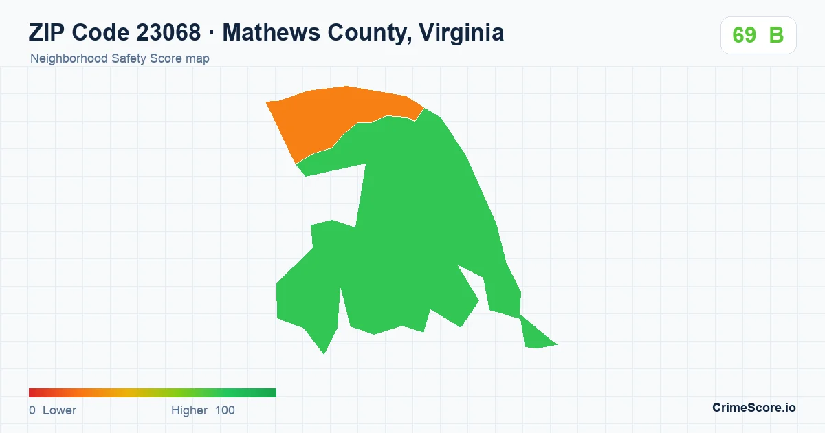 ZIP Code 23068 in Mathews County, Virginia neighborhood Safety Score map