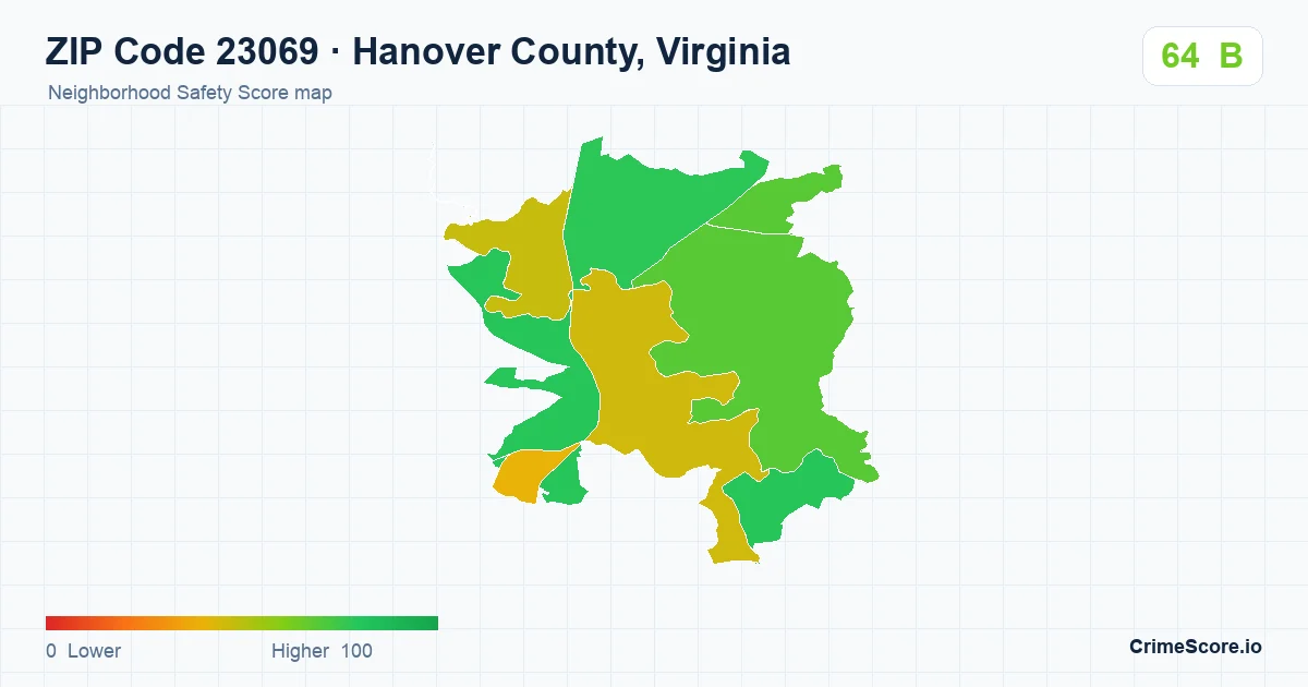 ZIP Code 23069 in Hanover County, Virginia neighborhood Safety Score map