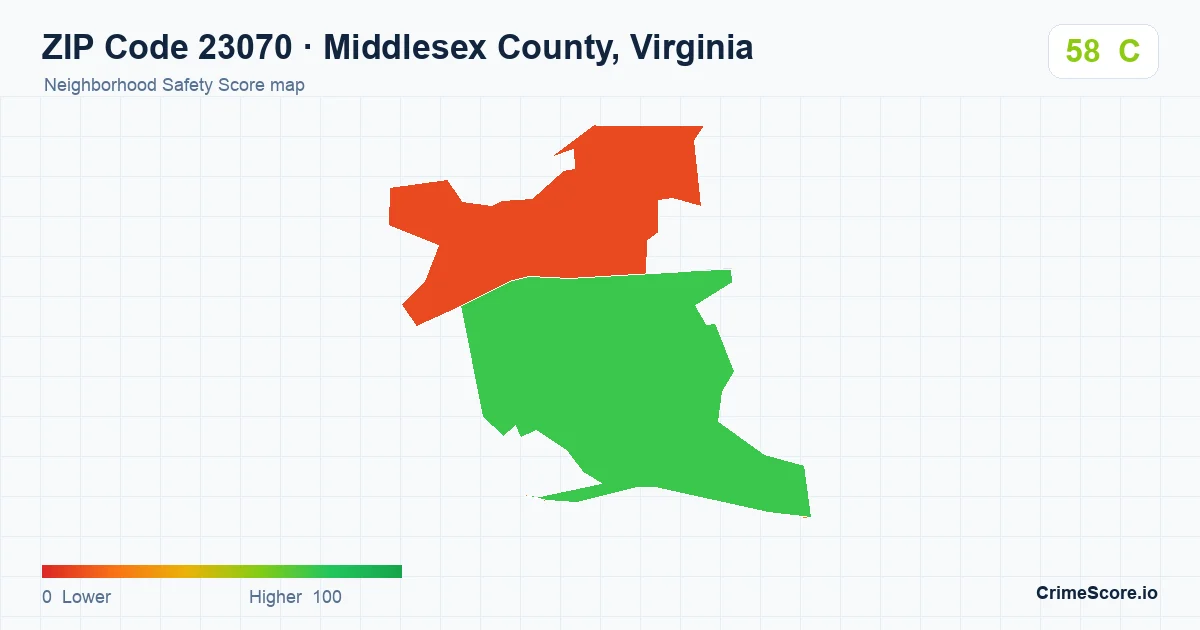 ZIP Code 23070 in Middlesex County, Virginia neighborhood Safety Score map