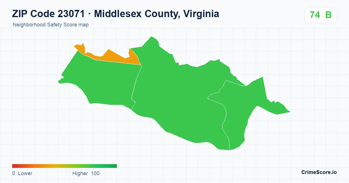 ZIP Code 23071 in Middlesex County, Virginia neighborhood Safety Score map