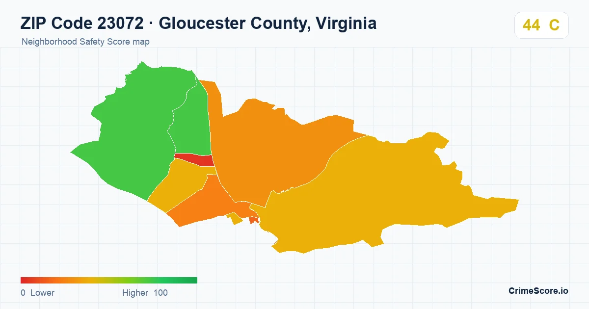 ZIP Code 23072 in Gloucester County, Virginia neighborhood Safety Score map