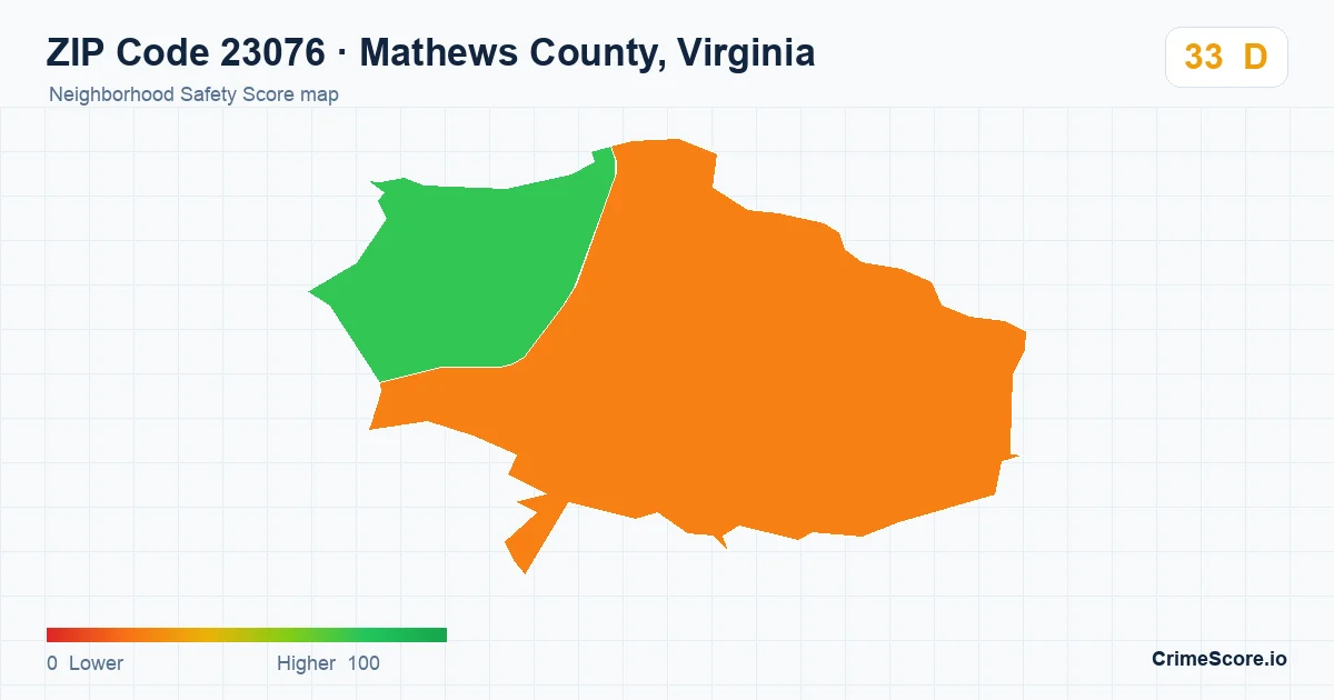ZIP Code 23076 in Mathews County, Virginia neighborhood Safety Score map