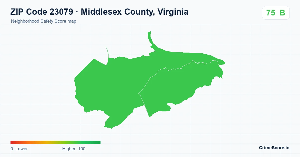 ZIP Code 23079 in Middlesex County, Virginia neighborhood Safety Score map
