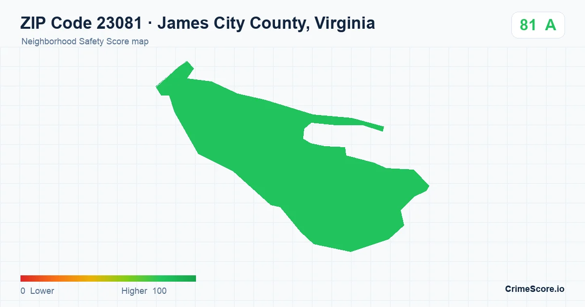 ZIP Code 23081 in James City County, Virginia neighborhood Safety Score map