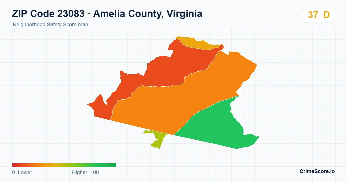 ZIP Code 23083 in Amelia County, Virginia neighborhood Safety Score map