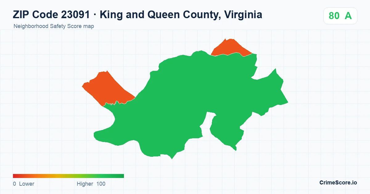 ZIP Code 23091 in King and Queen County, Virginia neighborhood Safety Score map