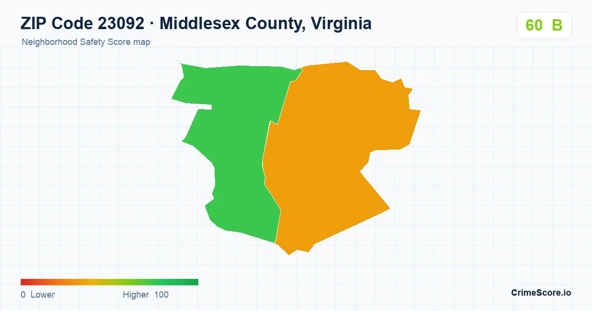 ZIP Code 23092 in Middlesex County, Virginia neighborhood Safety Score map