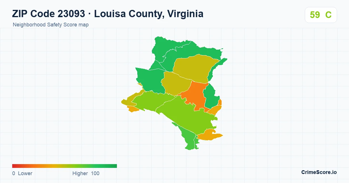 ZIP Code 23093 in Louisa County, Virginia neighborhood Safety Score map