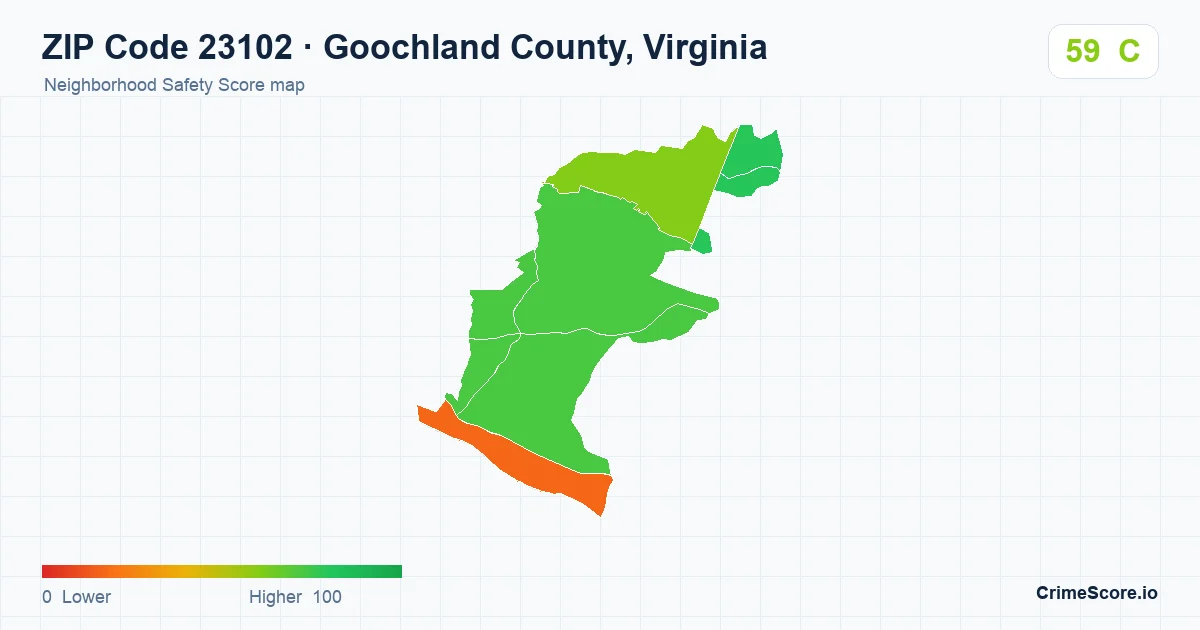 ZIP Code 23102 in Goochland County, Virginia neighborhood Safety Score map