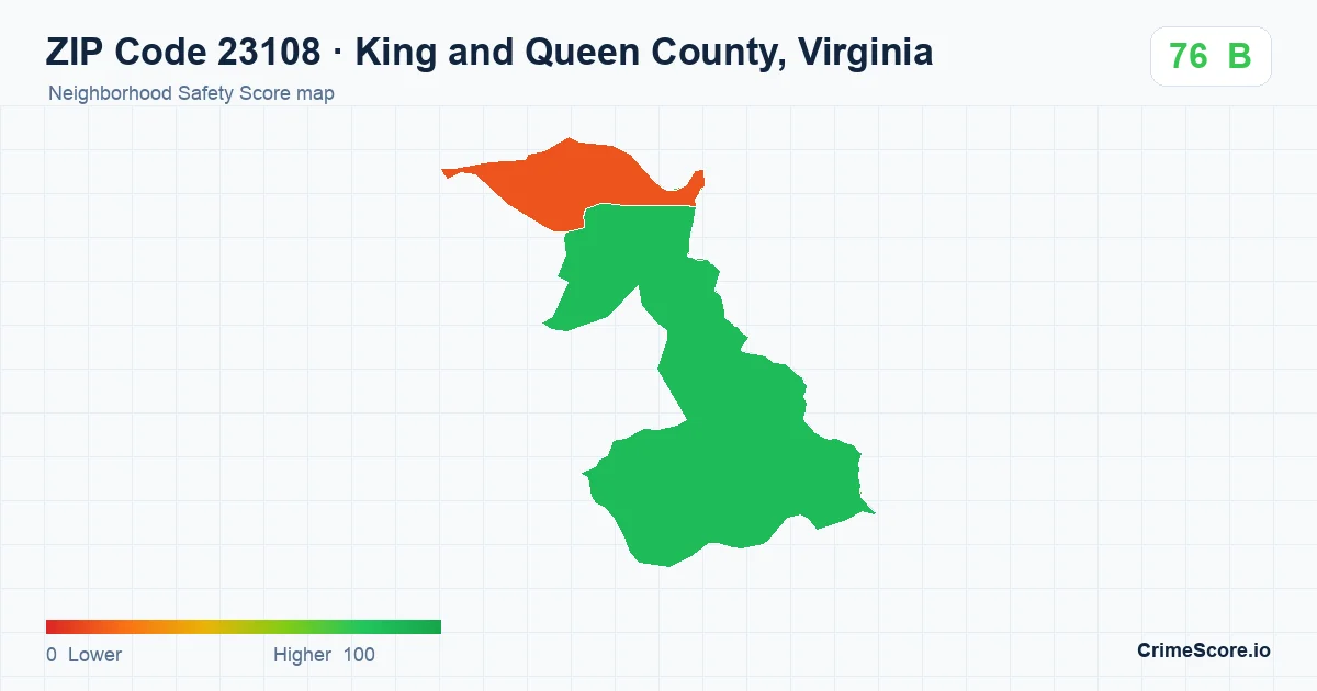 ZIP Code 23108 in King and Queen County, Virginia neighborhood Safety Score map