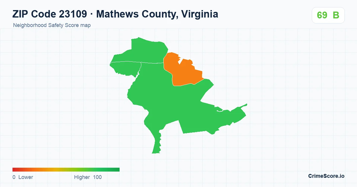 ZIP Code 23109 in Mathews County, Virginia neighborhood Safety Score map