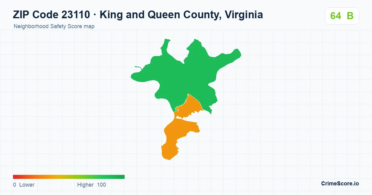 ZIP Code 23110 in King and Queen County, Virginia neighborhood Safety Score map